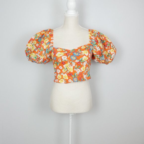 NWT Zara Orange Floral Crop Top Short Bubble Puff Sleeve Large - Picture 10 of 14